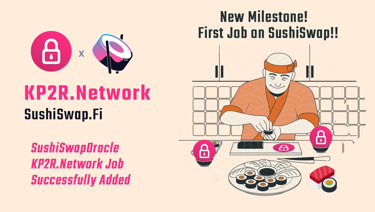 🎙Hello #Keep2r community we have yet again expanded our area.
#kp2rnetwork has added <a href="/SushiSwap/">Sushi.com</a> #job for the first time in #KP2R Network!🚀

This a new milestone achieved 🔥

✅ First Job has been done on SushiSwap and we'll add all the major swaps soon!💰

#SushiSwap #DeFi v3