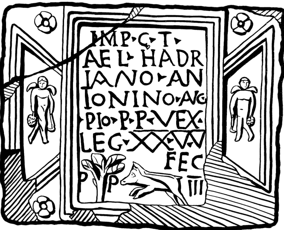 The text reads:Imp(eratori) C(aesari) T(ito)Ael(io) Hadr-iano An-tonino Aug(usto)Pio p(atri) p(atriae) vex(illatio)leg(ionis) XX V(aleriae) V(ictricis)fec(it)p(er) p(edum) III (milia)