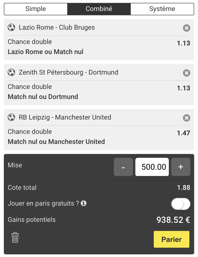PronosBcr's tweet image. ⚽️ LIGUE DES CHAMPIONS ⚽️

Lazio Rome ou nul 🇮🇹 
Dortmund ou nul 🇩🇪 
Manchester U ou nul 🏴󠁧󠁢󠁥󠁮󠁧󠁿 

Cote @1,88

RT et FAV pour la force 

☘️ Good Luck ☘️

#TeamParieur #LigueDesChampions 
@UnibetFrance @Betclic