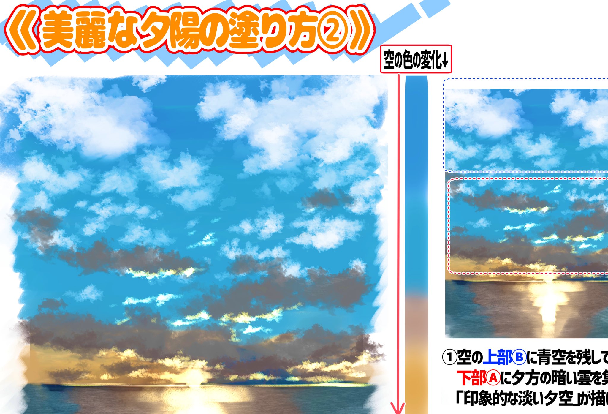 吉村拓也 イラスト講座 夕陽はただ オレンジ色の空 ではなくて 色んな色味 の夕焼けがあります ピンクが強い夕陽 青空の交じった夕焼け 濃い濃い真っ赤な夕焼け 夕陽を綺麗に描いてみたい って人に最適なイラスト講座です 興味ある