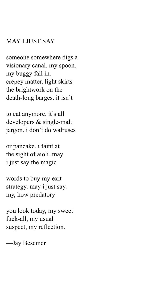 “my, how predatory // you look today, my sweet / fuck-all, my usual / suspect, my reflection.” —Jay Besemer, “May I Just Say” @THEORIES_PER <a href="/letteredstreet/">letteredstreetspress</a> facebook.com/629882237/post…