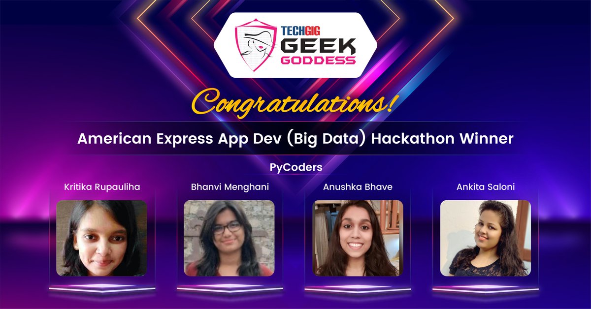 techgigdotcom's tweet photo. Congratulations to the team PyCoders, this seasonβs @AmericanExpress App Dev (Big Data) Hackathon winner at #TechGigGeekGoddess 2020.
Team PyCoders
- Kritika Rupauliha
- Bhanvi Menghani
- Anushka Bhave
- Ankita Saloni
#TechGig #GeekGoddess #GirlsLetsCode #IndiaCodeKarona #TG3 https://t.co/obMn4UHeiW