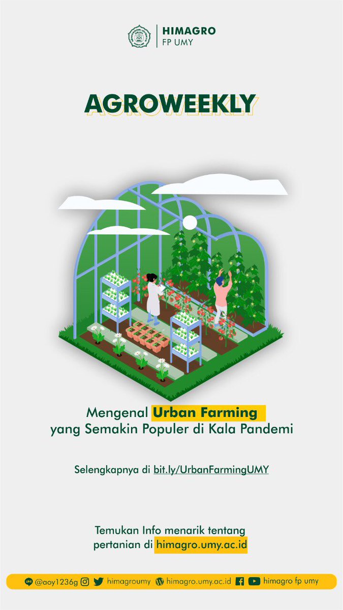 [AGROWEEKLY]

Teknik bercocok tanam urban farming (pertanian perkotaan) semakin diminati masyarakat di masa pandemi terutama semnjak banyak kota-kota besar memberlakukan kebijakan PSBB (Pembatasan Sosial Berskala Besar).

(Selengkapnya di bit.ly/UrbanFarmingUMY )

#HIMAGROUMY