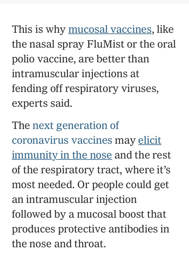 This is about to be very big news and rage bait for people who are sick of wearing masks:Because the injectable vaccines may only prevent symptoms but not contagion, masks will still be necessary. That is, until an oral or nasal vaccine can produce mucosal immunity.  $VXRT