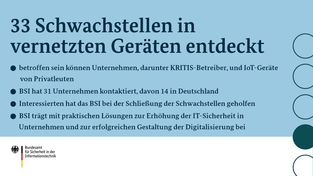 CyberAllianz's tweet photo. US-Forschende von @Forescout haben mit der Untersuchung #Amnesia33 Sicherheitslücken in vernetzten Geräten entdeckt.  
Das BSI hat für die Region Europa die Federführung im Schließungs-Prozess übernommen:
https://t.co/7k0mlRwXAO
#DeutschlandDigitalSicherBSI
#digitalundsicher https://t.co/y0KunL7Ihu