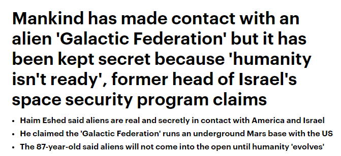 Israel y USA ya estarían negociando con extraterrestres. Existe una base secreta en Marte. A Trump le ordenaron que no revele nada por ahora. Yo, argentino, pero estoy seguro que apenas se hagan oficiales los contactos se validará La Biblia entera y los platos voladores también.
