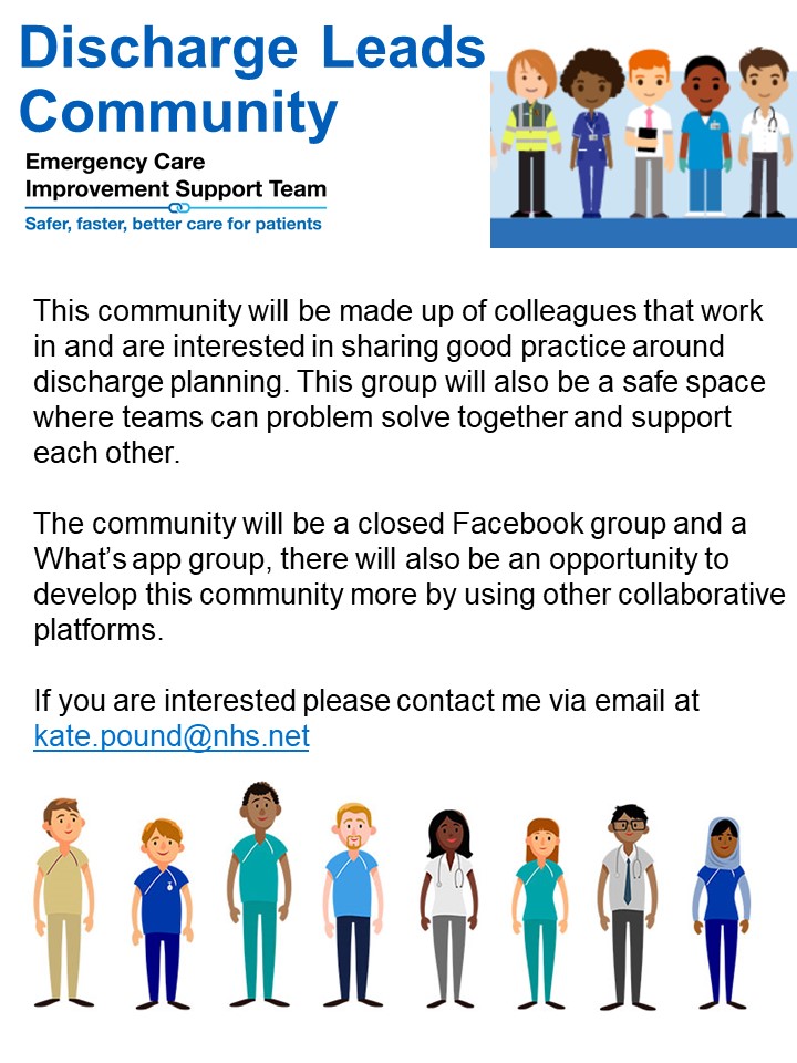 KateSlater2's tweet photo. The #DischargeLeads community is growing fast, join today by emailing kate.pound@nhs.net - Thanks to the group tagged in and @MelissaAsbury @Laguerta20 @vickybraide by working together are can improve care for our patients. @ECISTNetwork https://t.co/bfjtDlQRCB