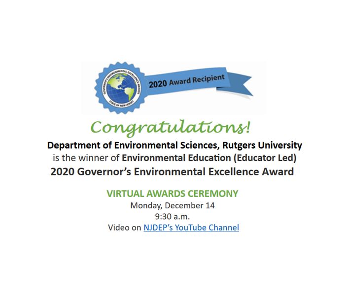 Congratulations to the Department of Environmental Sciences at Rutgers SEBS for being awarded the NJ Governor's Environmental Excellence Award in environmental education.