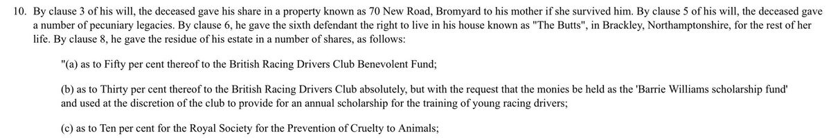 A case on the interpretation of the will of racing driver Barrie Williams has both an old-fashioned and a modern Chancery tenor. The will was drawn up by a solicitor, but included gifts to two non-existent charities 1/n https://www.bailii.org/ew/cases/EWHC/Ch/2020/3295.html https://www.classicandsportscar.com/obituaries/rip-barrie-whizzo-williams-1938-2018