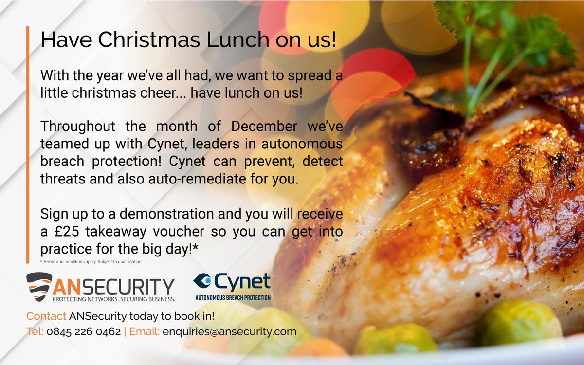 ANSecurity_UK's tweet photo. Have Christmas Lunch on us!

Sign up to a demonstration and you will receive a gift so you can get into practice for the big day! (Terms and conditions apply. Subject to qualification.)

Contact us today to book in!

#cynet #christmas #cybersecurity #detectionandresponse https://t.co/qJtBslV0dF