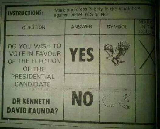 Sometimes I wonder the way we like to fantasise about the UNIP days. For you youngsters who were not there. On the ballot we used to have Kenneth Kaunda and a Frog. This is why I value the democracy we fought for in 1991! Do not waste this right  #RegisterToVoteZambia