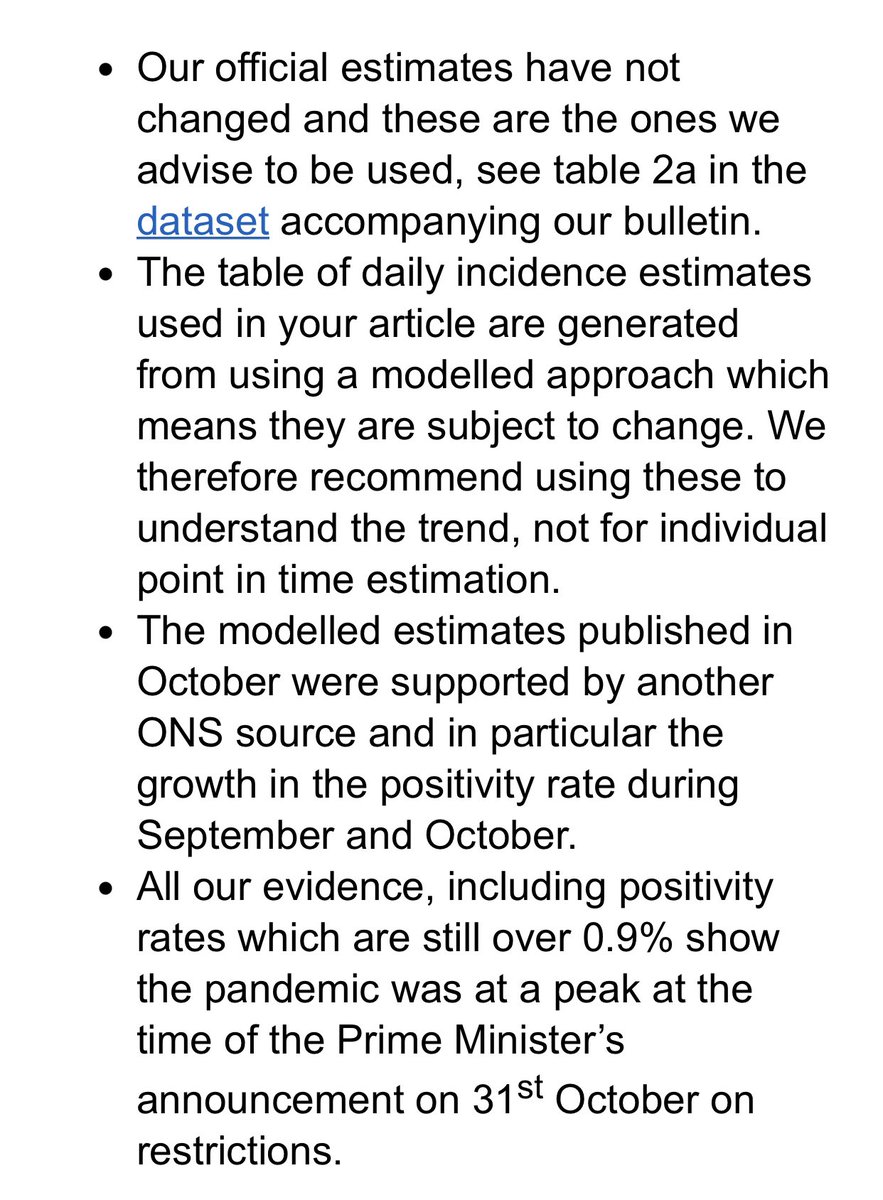 Attached is  @ONS’s response to my Tweet thread and blog pointing out how the PM’s lockdown seemed to be based on their infection estimates that have subsequently been revised down dramatically. But their statement to me that their official weekly estimates have not...  https://twitter.com/peston/status/1336246651799937024