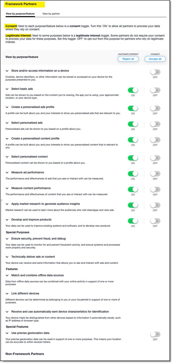there are those "three types of partners that provide different options to set your privacy preferences" that involve a mix of consent, legitimate interests or opt-out. 'Framework Partners'. 'Non-Framework Partners''Google Partners'Google Partners