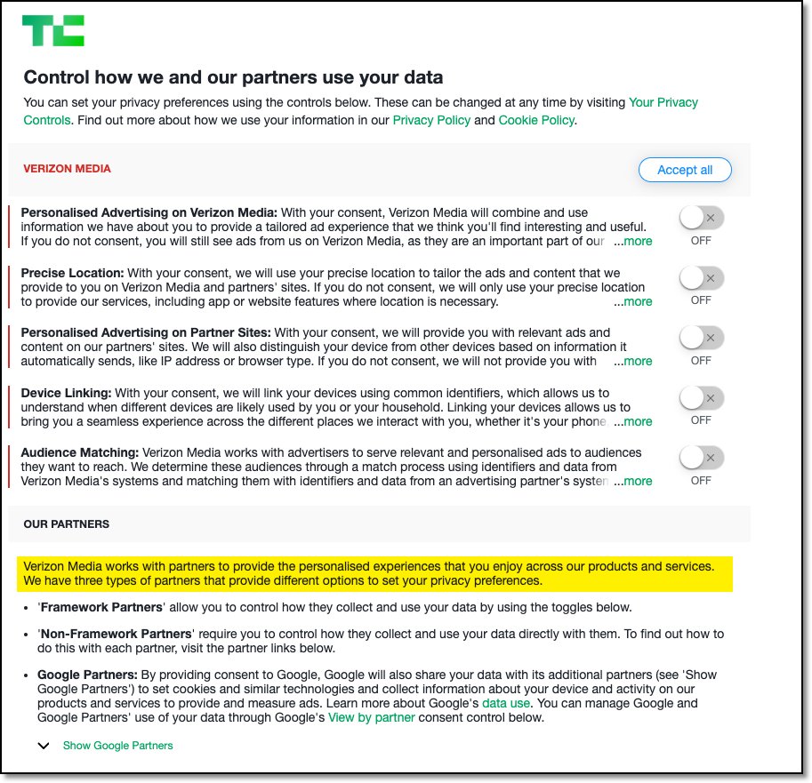 there are those "three types of partners that provide different options to set your privacy preferences" that involve a mix of consent, legitimate interests or opt-out. 'Framework Partners'. 'Non-Framework Partners''Google Partners'Google Partners