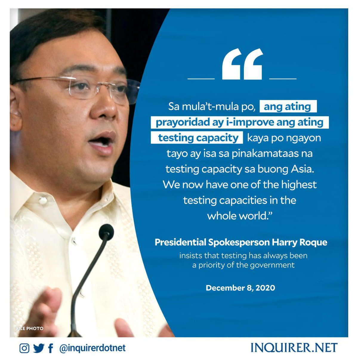 inquirerdotnet's tweet photo. President Duterte received widespread criticism after realizing how important mass testing is nine months into the pandemic and with over 400,000 cases.

Malacañang, however, insists testing for the new coronavirus has always been their priority. Read: https://t.co/mFnkxLXIvD https://t.co/zlNQOZjc8s