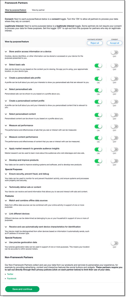 for which 'Legitimate Interests' is defaulted to ON but 'Consent' is defaulted to OFF.But then it says "You can manage Google and Google Partners' use of your data through Google's View by partner consent control below." THAT partner consent is the 'framework partners'. 