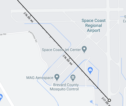 Now, let’s take a gander and follow the arrow (2)17 miles SE. Would you believe me if I told you there’s an airport called Space Coast Regional with the exact same design, only it’s mirrored? There’s also a business called MAG (A)erospace 