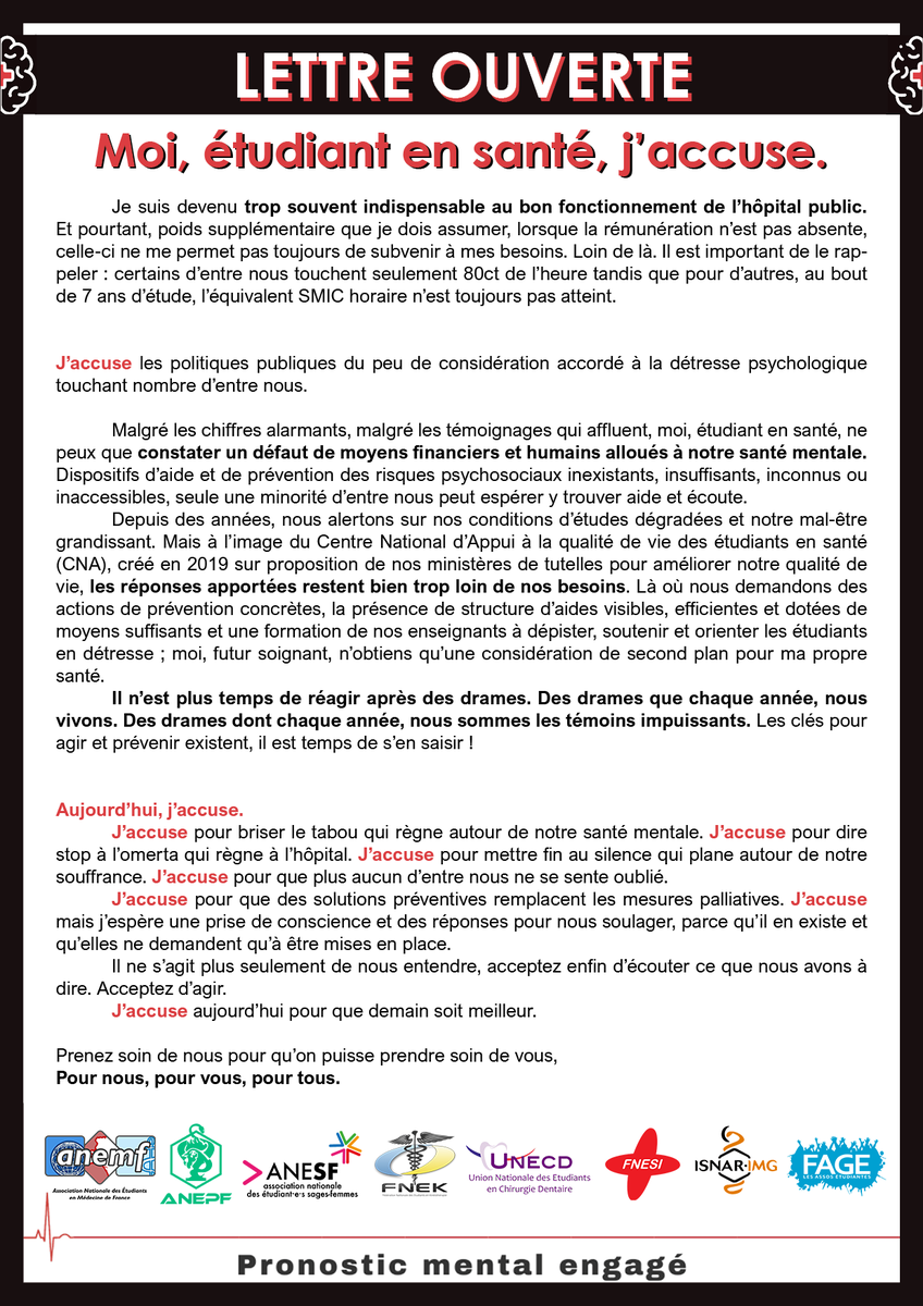 La_FAGE's tweet photo. 🔴 MES ÉTUDES, VOTRE SANTÉ

❌ Exploité
❌ Maltraitré
❌ En détresse 
Et pourtant indispensable au système de soin

Moi étudiant en santé, J’ACCUSE. 

Voici nos exigences ➡️ https://t.co/3sZDupZeyB
#PronosticMentalEngagé https://t.co/wolNCKlHaK