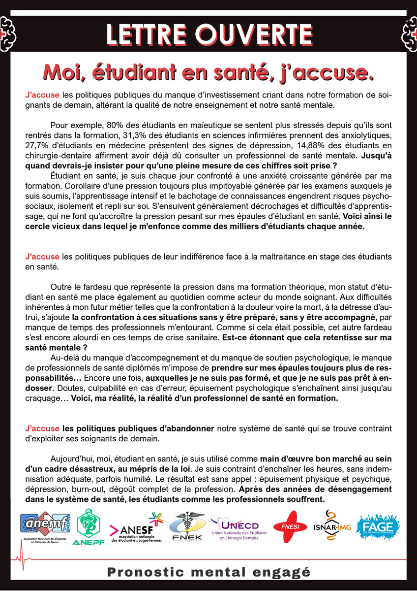 La_FAGE's tweet photo. 🔴 MES ÉTUDES, VOTRE SANTÉ

❌ Exploité
❌ Maltraitré
❌ En détresse 
Et pourtant indispensable au système de soin

Moi étudiant en santé, J’ACCUSE. 

Voici nos exigences ➡️ https://t.co/3sZDupZeyB
#PronosticMentalEngagé https://t.co/wolNCKlHaK