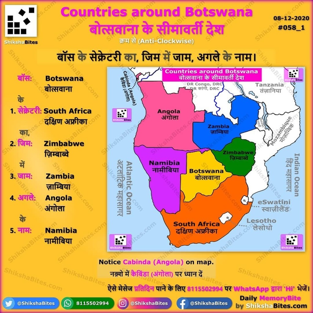 ShikshaBites's tweet photo. #Mnemonic (#trick) to remember Countries around Botswana (anti-clockwise order)
बॉस के सेक्रेटरी का, जिम में जाम, अगले के नाम।
बोत्सवाना के सीमावर्ती देशों को याद रखने की #ट्रिक (वामावर्त क्रम)
#MemoryBites #ShikshaBites #Prelims #UPSC #UPPCS
#Prelim… https://t.co/UkhFMkpzjm https://t.co/ErvHp6n4Sv