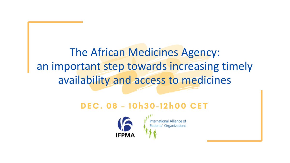 IFPMA's tweet photo. @IFPMA &amp; @IAPOvoice Webinar on The African Medicines Agency about to start NOW! Moderated by @catfiankbok, the panel will feature @hbsillo @EllosLodzeni @kbendhaou together with experts from @NEPAD_Agency &amp; Ghana FDA https://t.co/oNtjQpVPhR