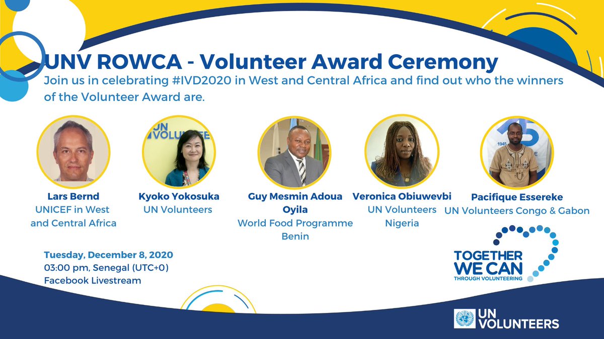 UNV_ROWCA's tweet photo. 🏆Join us for the #IVDAwardWCA Award Ceremony today at 3pm Dakar🏆
Together we want to highlight @UNVolunteers contribution in the region and celebrate the winners of the Volunteer Award 👉https://t.co/mFb5aj3v9P
#TogetherWeCan💙#IVD2020 #IVD2020Events https://t.co/Y4epWhePdo