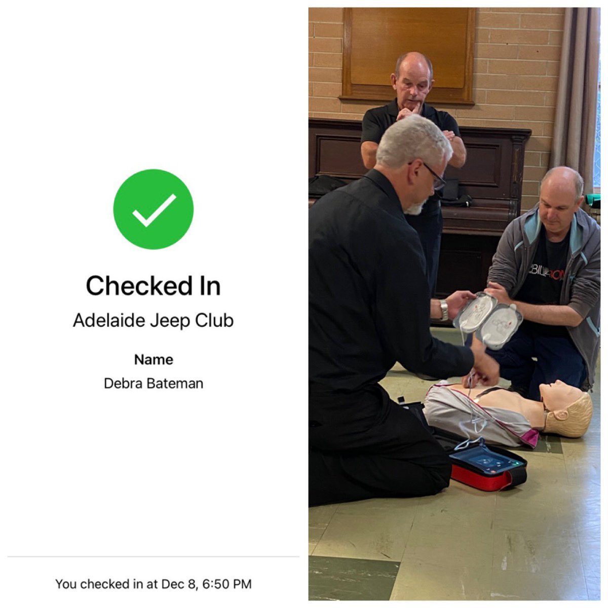 debbateman's tweet photo. A good reason to join a community group - maintaining currency in first aid. Great to learn more about the use of a defibrillator for cardiac arrest. #JeepClub #lookingoutforothers #parentinggapyears #lovingSA #checkinmygovSA https://t.co/l7idLqnh1Y