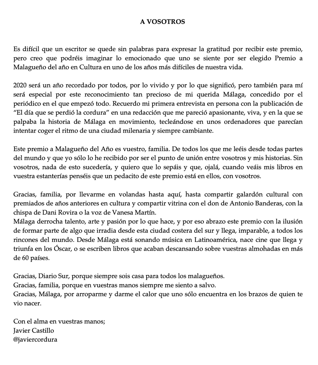 JavierCordura's tweet photo. No me cabía la gratitud en un tuit, familia. 
🌹Comunicado oficial.🌹

@DiarioSUR 
¿un RT para que llegue lejos? https://t.co/UHgLInTj47