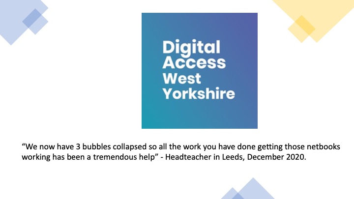 This week we're helping more teachers to teach and more children to learn alongside their peers in #Leeds. Your donations are making a difference as more people get digital access to do what they need to do. Thank you 🙏🏻 Drop off devices @HPBCLeeds accesswy.org/donate/