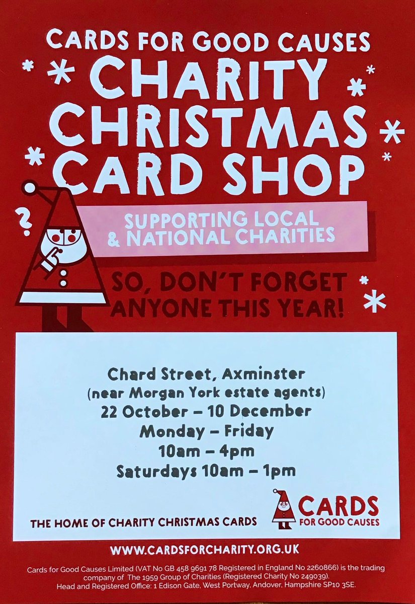 🎄This is the last week you can support your favourite #charity at the <a href="/cardsforcharity/">Cards for Good Causes</a> <a href="/CFGCAxminster/">Axminster CFGC</a> shop in #Axminster. Open 10-4 each day, last day 10-1 on Saturday.🎄#cards #wrappingpaper #12DaysOfChristmas #christmasshopping #ChristmasCountdown #Advent2020