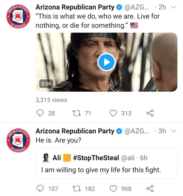 Two tweets by @AZGOP.

The first reads: "This is what we do, who we are. Live for nothing, or die for something."

The second reads: "He is. Are you?" It quotes a tweet by "Ali #StopTheSteal" that reads: "I am willing to give my life for this fight."