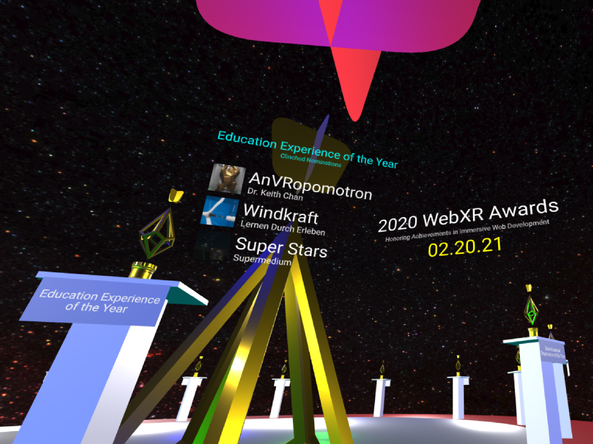 Congratulations @chekeichan, <a href="/sromline/">sromline</a>, and <a href="/supermediumvr/">Supermedium</a> for clinching early nominations for the #WebXR Awards Education XoTY. Additional Nominations accepted through 12/31. Must be a link to a public immersive site. See webxrawards.com in your Quest browser for more.