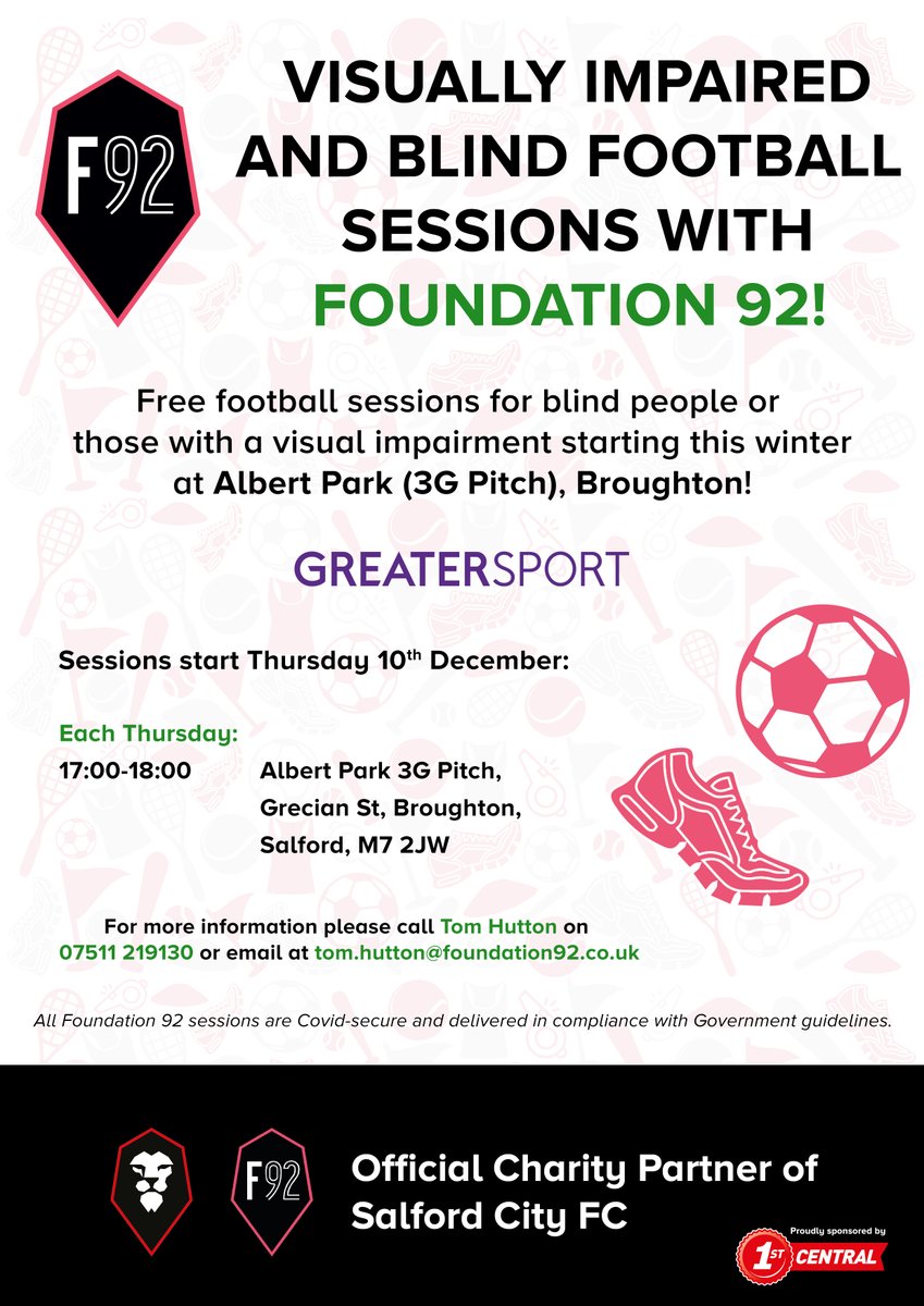 We're delighted to announce that we're launching a new football programme for people who are blind or visually impaired! ⚽️

Our first session takes place this week! 👇

📅 THIS THURSDAY!
⏰ 1⃣7⃣:0⃣0⃣-1⃣8⃣:0⃣0⃣
🏟️ Albert Park, Salford

See below for more information! 🔖