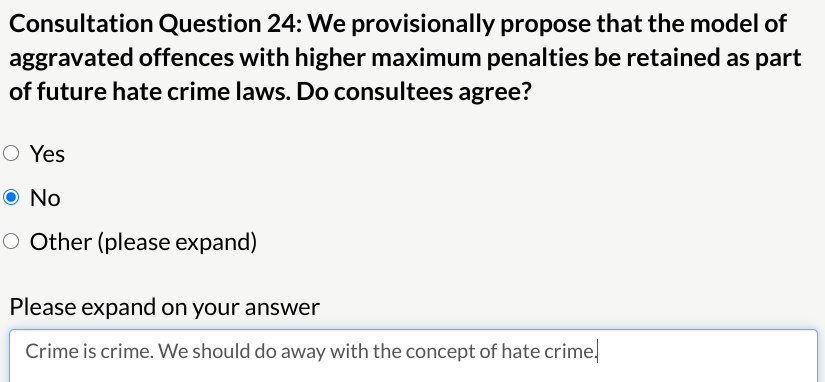 Please keep going till you get to Question 24. Here is where you can say concisely that we should do away with the concept of hate crime. Or if you don't want to go that far, hate incidents.