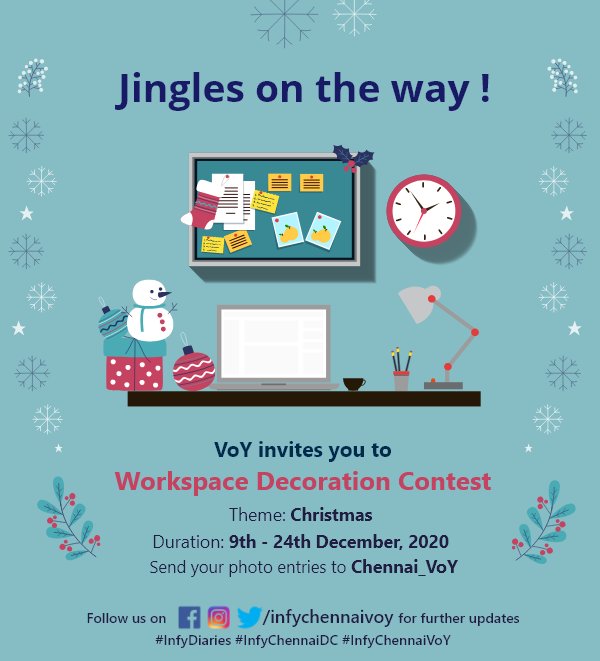 infychennaicm's tweet photo. VOY Christmas - Workspace Decoration Contest 🎉
Check your Infy Inbox for more details ✉
#InfyDiaries #InfyChennaiVOY #InfyChennaiDC https://t.co/JYdY4P6qei