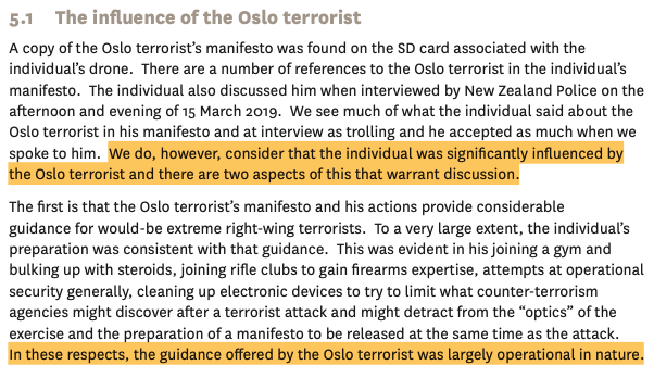 Der Bericht bestätigt den Einfluss des Rechtsterroristen  #Breivik. Nicht nur als Inspiration, sondern auch für die konkrete Vorbereitung der Tat.Das macht nochmal überaus deutlich, wie wichtig sog. "Manifeste" in der Logik der Täter sind, um Nachahmer zu mobilisieren. (5/n)