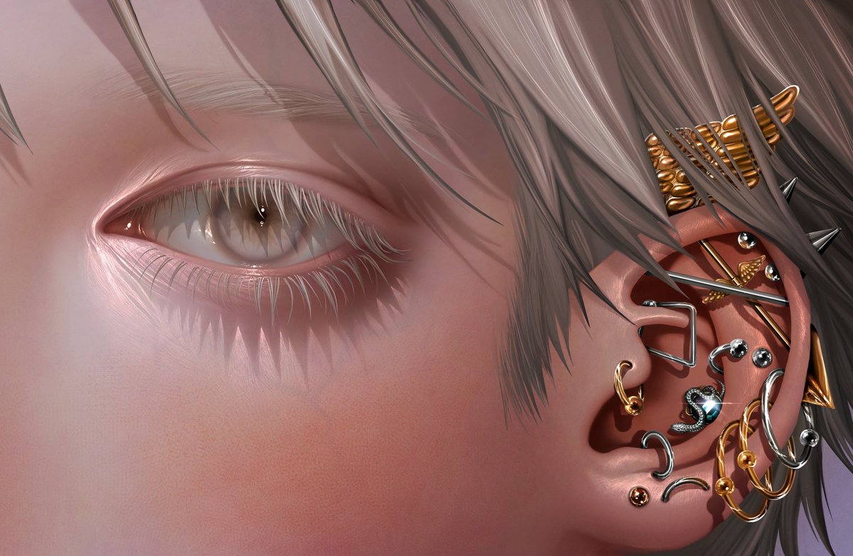 solo close-up eye focus open mouth grey eyes grey hair piercing  illustration images