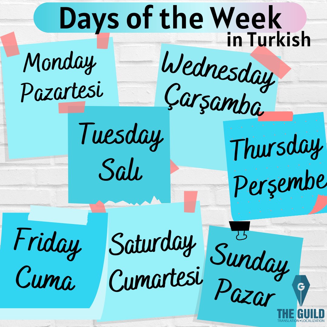 TheGuildCoop's tweet photo. Here are the turkish translations of days of the week! What do you call them in your language?
#daysoftheweek #LANGUAGE #languages #LanguageLearning #turkish #English #turkishlearning #translation #translators #Translate https://t.co/nVLGRDw3Px