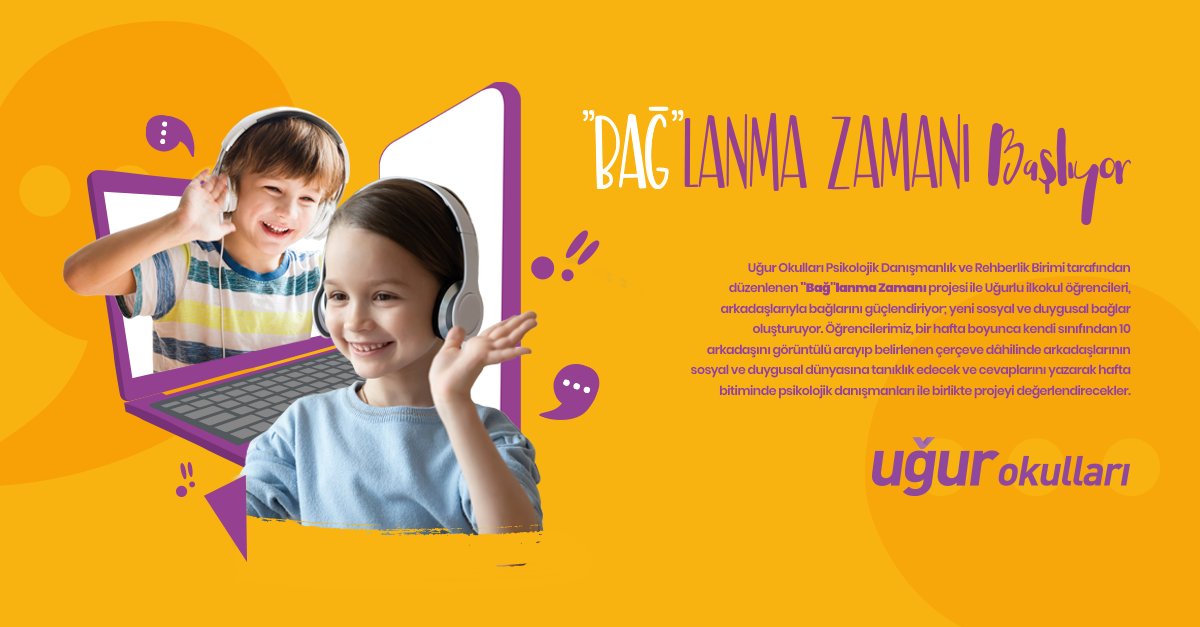 Uğurlu ilkokul öğrencileri, arkadaşlık bağlarını "Bağ"lanma Zamanı" projesi ile güçlendiriyor! 🐣

Proje kapsamında öğrencilerimiz, arkadaşlarını görüntülü arayıp onların dünyasına tanıklık edecek ve ardından görüşlerini psikolojik danışmanlarıyla paylaşacak. 👋

#UğurluOlmak
