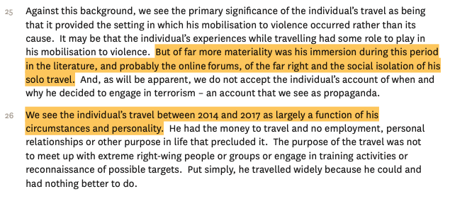 Die Kommission sieht keine Hinweise auf Treffen mit rechtsextremen Gruppierungen in dieser Zeit. Das sei auch nicht das Ziel der Reise gewesen zu sein. Sie schätzt die Bedingungen der Reise allgemein als relevant ein:Soziale Isolation durch alleiniges Reisen und sehr viel Zeit.