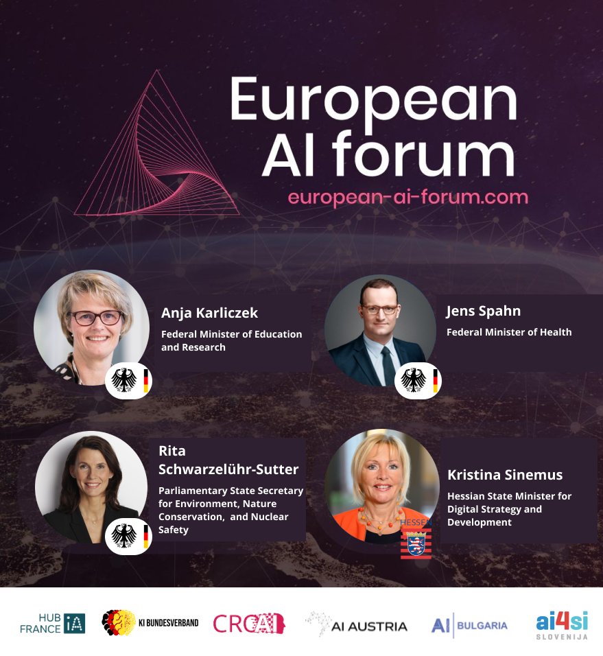 2 days to go for our European AI-Forum. Thanks to, <a href="/rischwasu/">Rita Schwarzelühr-Sutter</a> <a href="/rischwasu/">Rita Schwarzelühr-Sutter</a> and <a href="/KSinemus/">Kristina Sinemus</a> for attending our Panels. Also thanks to <a href="/jensspahn/">Jens Spahn</a> and <a href="/AnjaKarliczek/">Anja Karliczek 🇺🇦🇮🇱</a> for addressing the forum. 
<a href="/BMG_Bund/">Bundesgesundheitsministerium</a> @BMBF_Bund @bmu <a href="/DigitalesHessen/">DigitalesHessen</a> 
Watch live: youtu.be/ZR_mjOFN9aA (10.12. /10AM)
