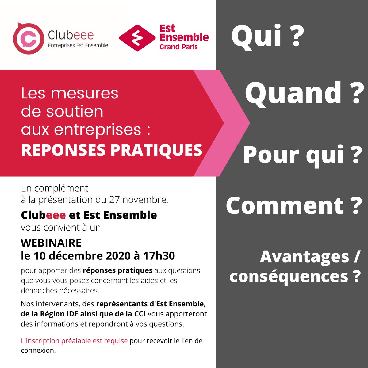 Clubeee_93's tweet photo. Plus que deux jours avant la fin des inscriptions pour notre webinaire sur les mesures de soutien aux entreprises. Si vous n'êtes toujours pas inscrits c'est par ici : https://t.co/R0PyTP4TDf
On vous attend jeudi 10 décembre à 17h30 ! https://t.co/r1L66Wwmcr