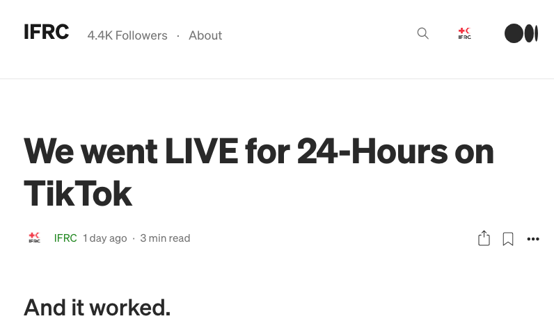 Another great space for experimentation on TikTok: go live.Just last week we went live for 24 hours non-stop to celebrate International Volunteer Day.There are many lessons learned that  @melisfiganmese documented on Medium, including:-Do it natively-Engage-Loosen up