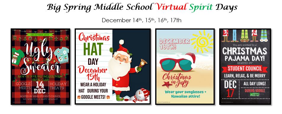 Let's plan to share some Big Spring Middle School spirit next week during our Tier 1 virtual classes (Monday-Thursday)!  #BSMSrocks