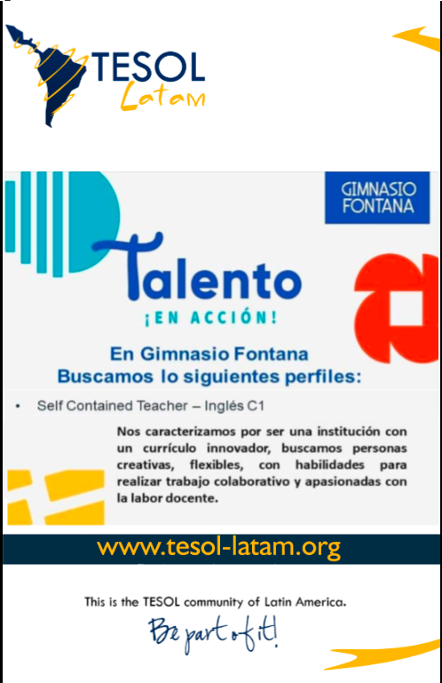 TESOLLatam's tweet photo. #TrabajoSiHay #englishteacher #Bogota New Job Offer! 🤩
Gimnasio Fontana is looking for a Self-Contained teacher, if you want to know how to apply to this job, join our community in https://t.co/FzNMxjq9Ve.
We are the TESOL community of Latin America. Be part of it! https://t.co/q7JNtH6Ymg