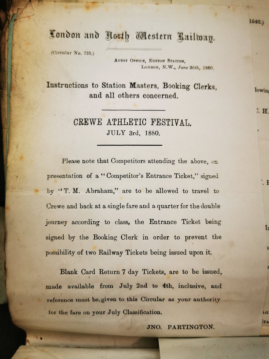 Today I'm looking mostly at 19th century company Circulars, particularly with regard to the attempted regulation of passenger behaviour. But they evidence so much more about the life of the railway, such as this notice re: travellers to the 1880 Crewe Athletic Festival.