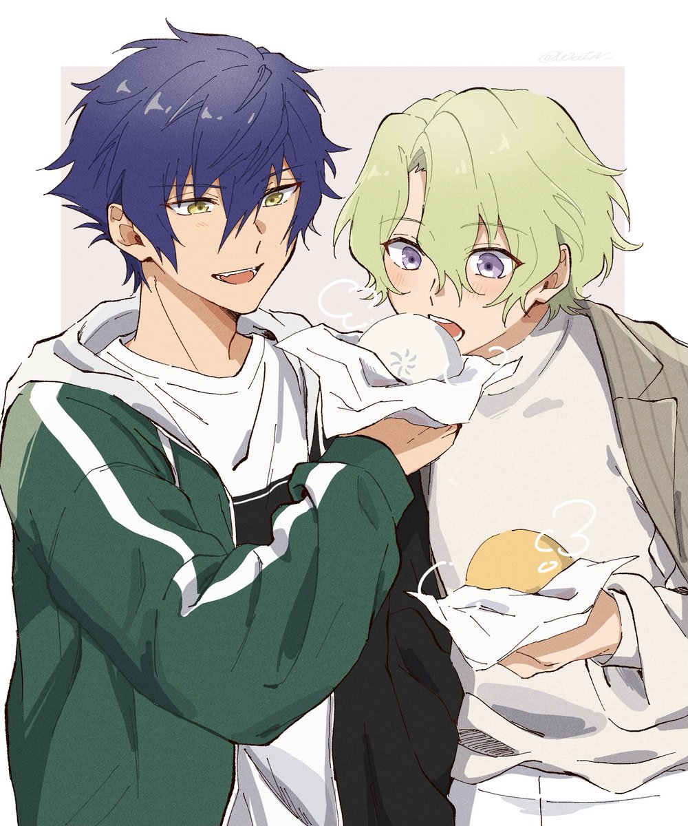 2boys multiple boys food male focus jacket holding food holding  illustration images