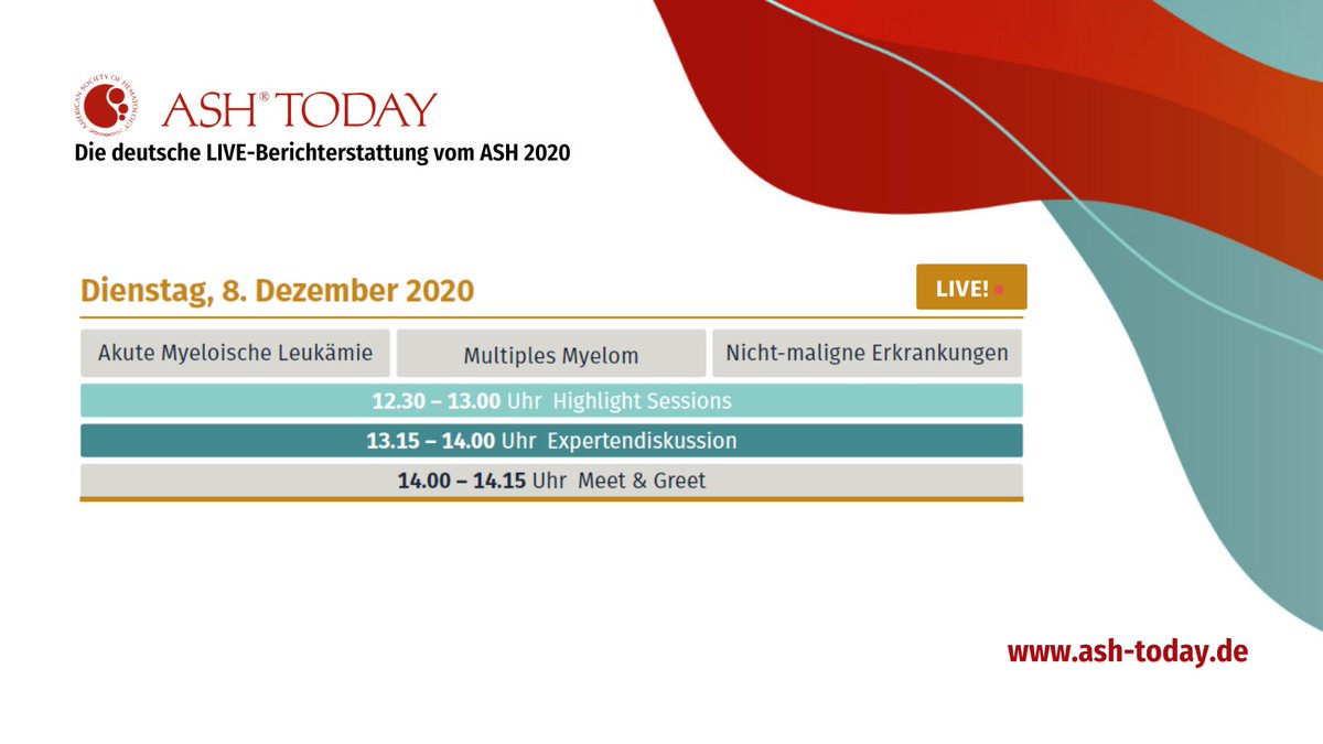 medtodaygermany's tweet photo. Verpassen Sie nicht die letzten #ASHToday Tracks für heute von 12.30 - 14.15 Uhr. Unsere Experten präsentieren Ihnen die aktuellsten #ASH20 Daten zu den Themen #AML, #MultipleMyeloma und #nichtmaligne Erkrankungen. Einschalten auf 👉 https://t.co/8qmKv4RS5z!
#leusm #MMsm https://t.co/9DLEoZm6HJ