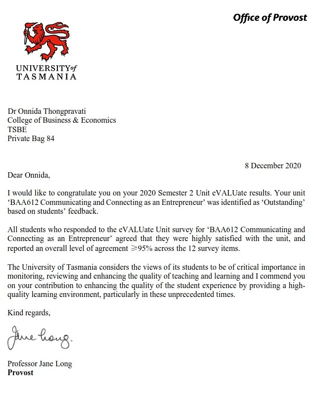 Dr Onnida (@dronnida) on Twitter photo 🎖Such an honour to receive another commendation letter from our Provost, particularly during these unprecedented times🏆2020 The Year of Online Teaching 👩🏫 #100%satisfaction
#6NewWorkshops
#7NewOnlineModules
#2ImprovedAssessments
#EntreprenurialCommunication <a href="/TSBE_UTAS/">Tasmanian School of Business & Economics</a> <a href="/UTAS_/">University of Tasmania</a> 🎖Such an honour to receive another commendation letter from our Provost, particularly during these unprecedented times🏆2020 The Year of Online Teaching 👩🏫 #100%satisfaction
#6NewWorkshops
#7NewOnlineModules
#2ImprovedAssessments
#EntreprenurialCommunication <a href="/TSBE_UTAS/">Tasmanian School of Business & Economics</a> <a href="/UTAS_/">University of Tasmania</a>