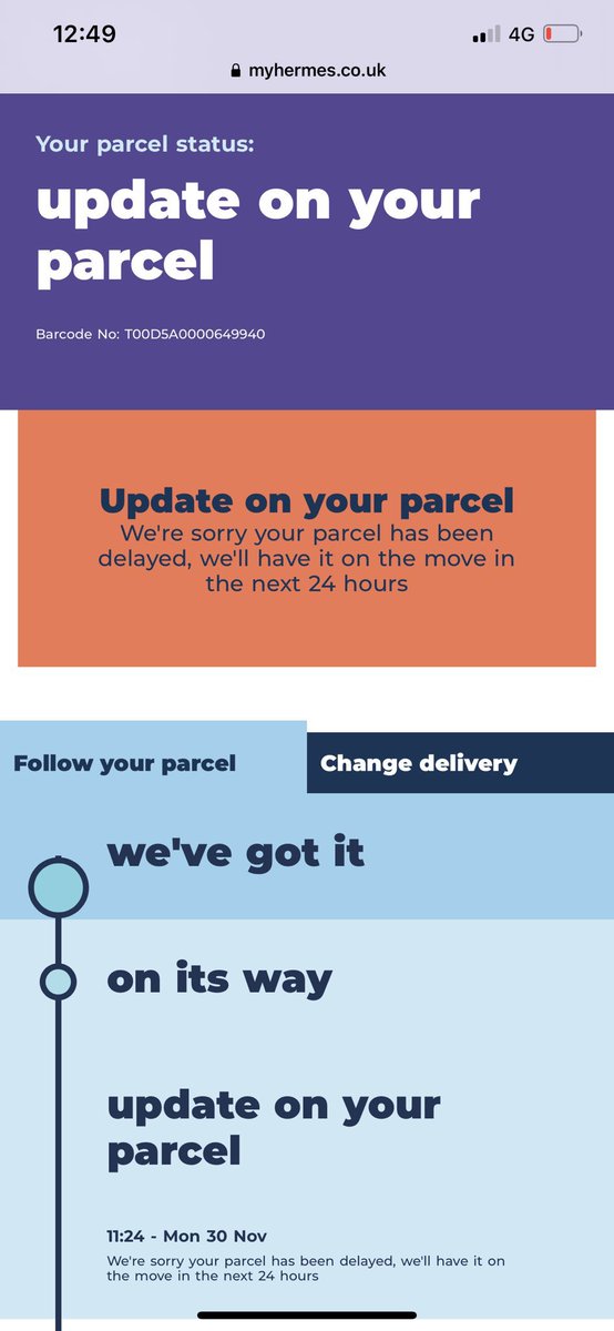 Jessecar_clay's tweet photo. @Hermesparcels please can I have some help regarding a parcel that hasn’t moved since the 30th November. Thank you. https://t.co/01w7HQ6tf5